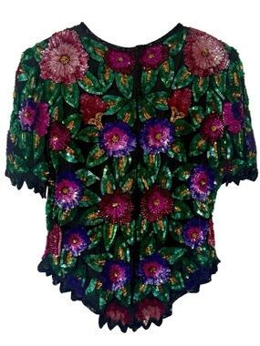 Laurence Kazar Silk Sequin Beaded Top 80s 90s Floral Scalloped Blouse‎ Vintage